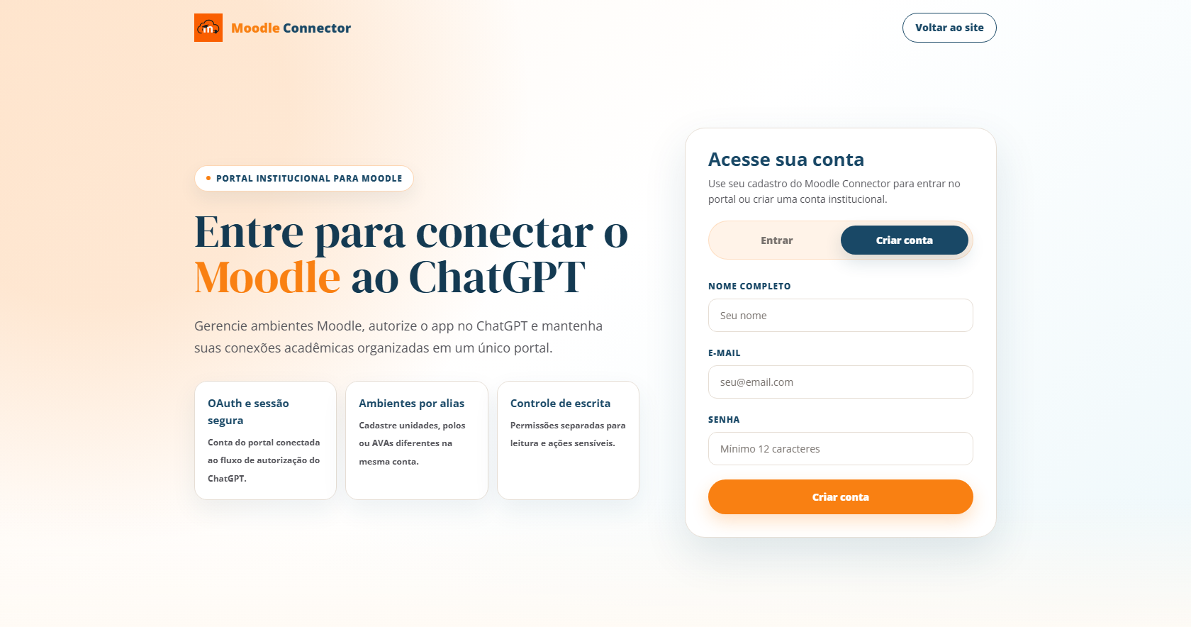Tela de cadastro do Moodle Connector