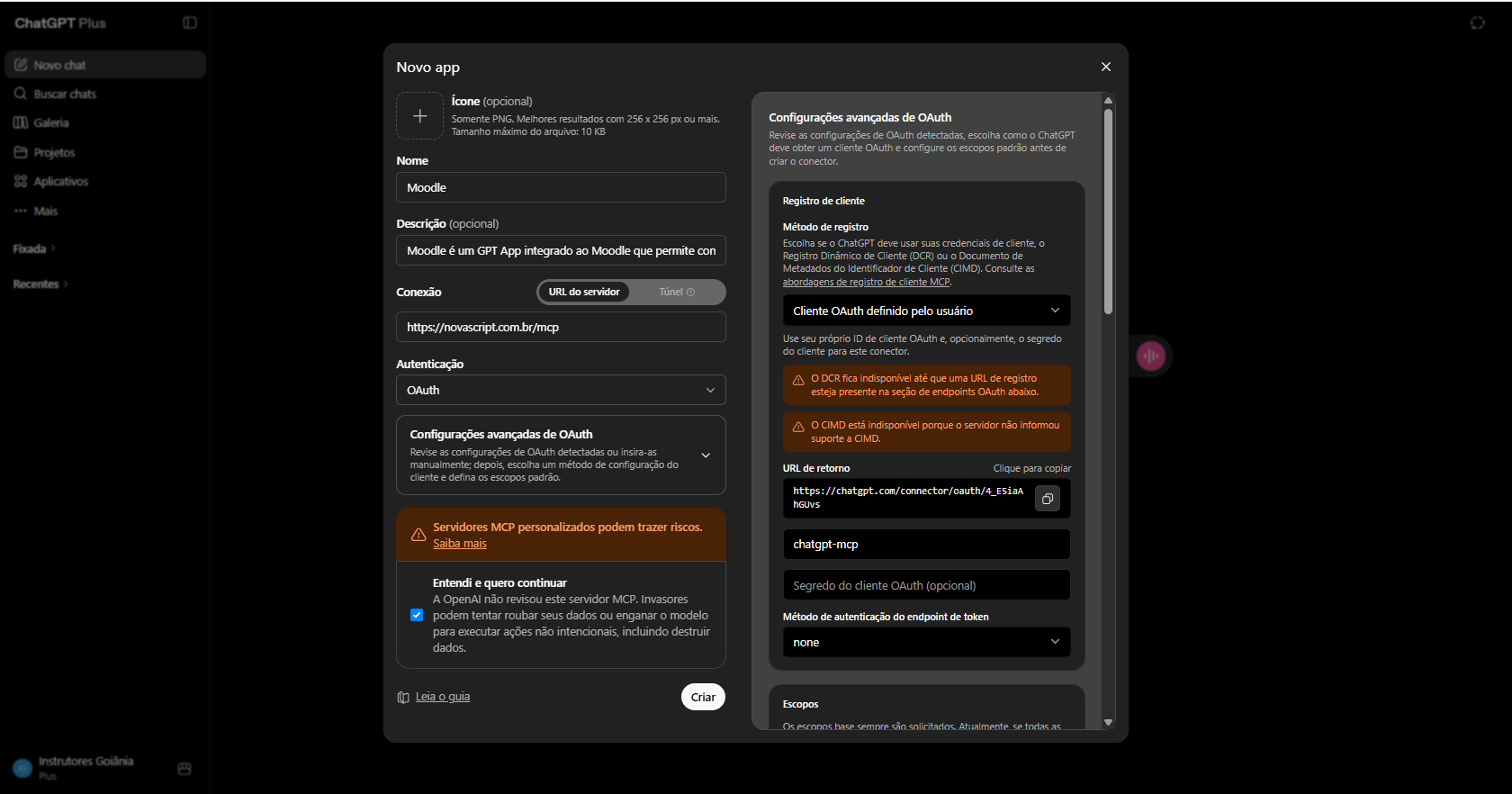 Configuração do app Moodle no ChatGPT