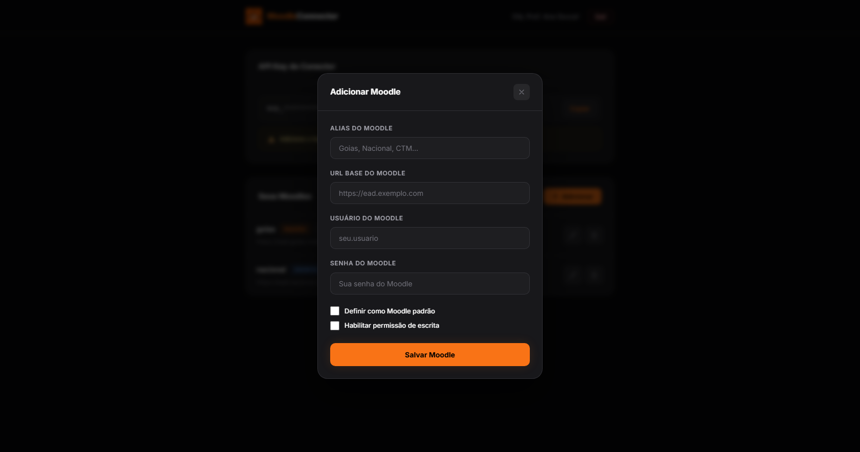 Tela para adicionar um Moodle no Moodle Connector