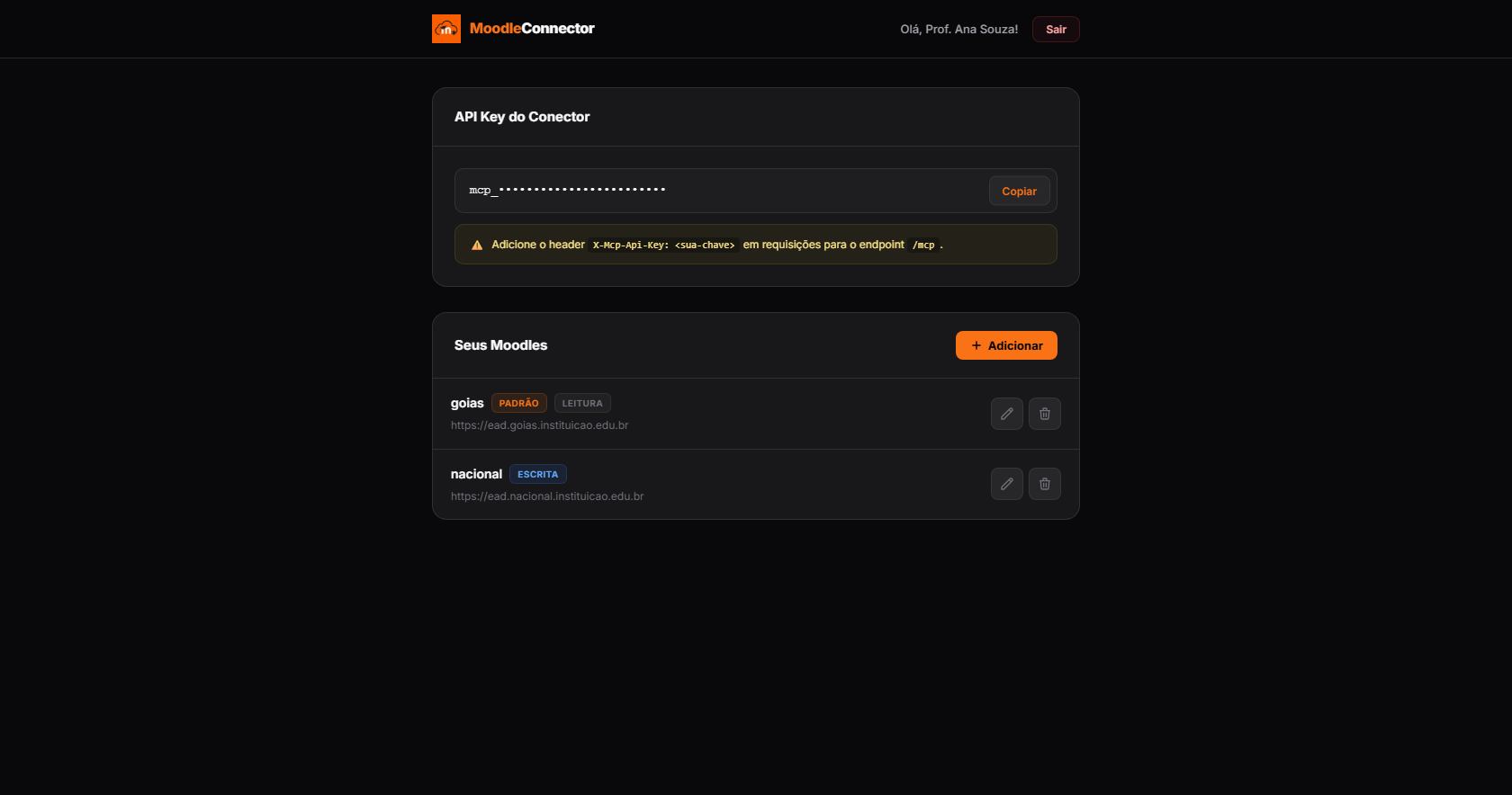 Portal Moodle Connector com Moodle configurado